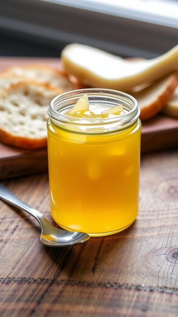 Delicious Potato Jelly Recipe A jar of golden potato jelly with a spoon, surrounded by bread and cheese on a rustic table.
